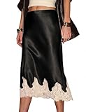 Yimoon Womens Satin Skirts Silk Midi Skirt Lace Trim...