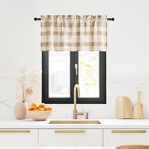 NICETOWN Linen Cafe Curtains for Small Window, Buffalo Plaid Valance for Kitchen 42x18 Inch Long French Country Rod Pocket Farmhouse Valance for Bay W