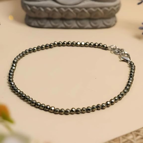 Natural Pyrite Anklet, Golden Round Beads, IGC Certified Gemstone Ankle Bracelet