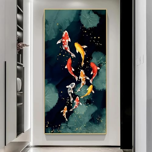 Peinture sur toile abstraite poisson Koi pour habiller un grand mur de salon vide 80x160