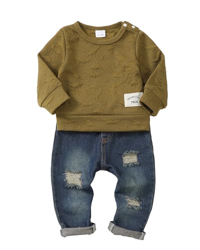 Image of NZRVAWS Toddler Baby Boy Clothes Pullover Sweater Ripped Jean Sweatsuit Little Boy Outfit Fall Winter Clothing Set 6M-7T