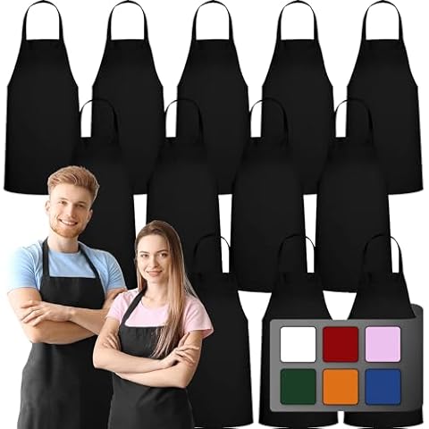 GREEN LIFESTYLE 12 Pack Bib Apron - Unisex Black Aprons, Machine Washable Aprons for Men and Women, Kitchen Cooking BBQ Aprons Bulk (Pack of 12, No Pockets, Black) Cover