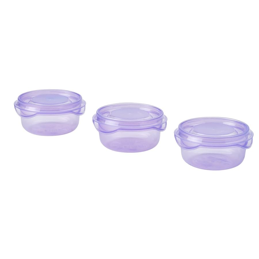 pruta food storage containers with lids, 70 ml (2 oz), set of 3 – lilac color – bpa-free plastic, stackable & reusable small containers for snacks, sauces & baby food