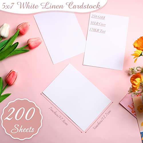 Geosar 200 Sheet Linen Cardstock 5 x 7 Invitation Cardstock Heavyweight Printer Paper 92lb 250gsm Index Cards for Printer Cover Postcards Blank Flash Note Greeting (White)