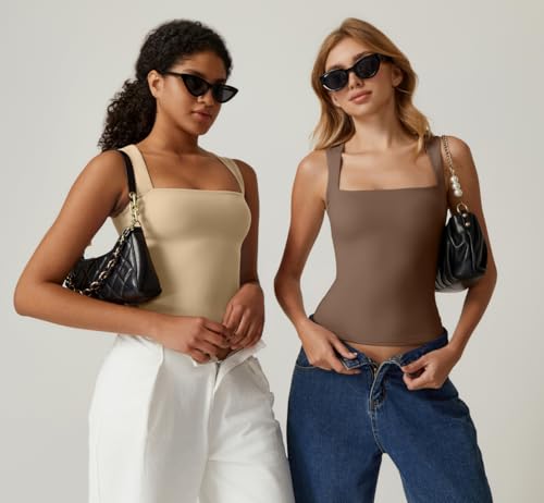 Image of QINSEN Women's Square Neck Sleeveless Double-Layer Tank Tops Basic Tight T Shirts
