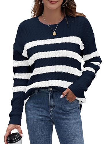 Image of ZAFUL Women's Striped Sweaters Casual Crew Neck Long Sleeve Pullover Oversized Cable Knit Loose Jumper Tops