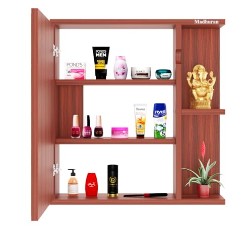 Image of Madhuran Alfred Engineered Wood Wall Mounted Cabinet Mirror (Teak Finish) Makeup Dressing Storage Organizer Box Stand Cabinets Accessories Shelves Decoration Items