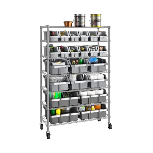 Image of 7-Tier NSF 22-Bin Steel Wire Shelving Rack, 36 inchW x 14 inchD x 56 inchH, Gray | 22 slide-out bins with tilt-lock design keep supplies organized and accessible
