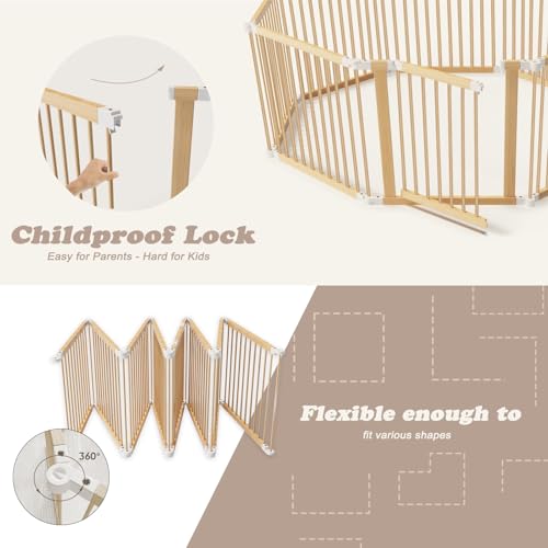 Jimberbay Faltbarer Laufstall aus Holz, 145 x 145 x 61 cm, groß mit 8 Elementen, verstellbarer für Babys und Kleinkinder mit Sicherheitstür, für drinnen und draußen