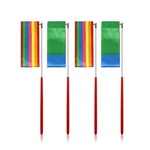 MUROAD 4 Piezas 2 M de Largo Gimnasias Rítmicas Intenso Cinta con una da Vueltas Dance Porra Vara para Niños Bailarinas de Danza Colores Surtidos (Arco Iris y de Llama)