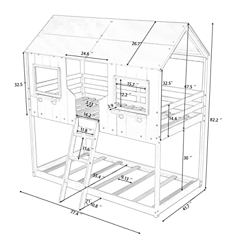Polibi Twin-Over-Twin Wooden House Bed, Bunk Bed With Playhouse, Farmhouse, Ladder And Guardrails, Grey #TOP1