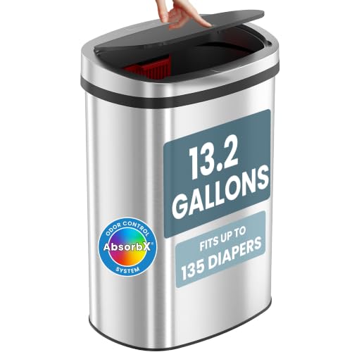 Image of 13 Gallon PRESS-OPEN Diaper Pail - 135 Diaper Capacity Stainless Steel Baby Trash Can with AbsorbX Odor Filter, Extra-Wide Opening, No Refills Needed, for Nursery Diaper & Adult Incontinence Underwear