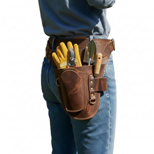 Leather Gardening Tool Belt, Handmade Full Grain Leather Garden Tool Pouch for Women & Men, Pruning Shears Holder Waist Bag with 3 Pockets, Adjustable Utility Belt for Gardening, Florist, Farming