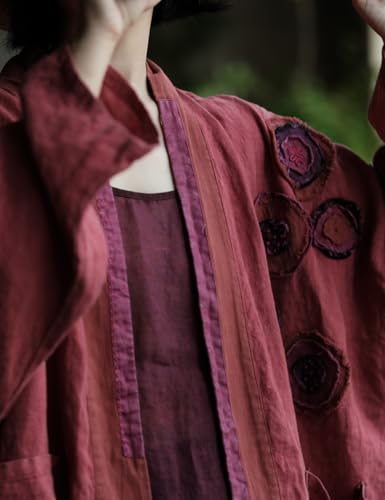 NFYM Women Loose Vintage Linen Kimono Trench Coat Applique Flower Open Front Cardigan Jacket Long Outwear with Pockets3