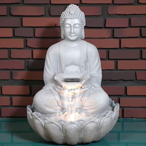 Image of 3 Feet Kamal Buddha Water Fountain for Home & Garden|Fiber Buddha Fountain with LED Light|Indoor Outdoor Fountain for Vastu & Positivity (Grey, 3 Feet Kamal Buddha Fountain)