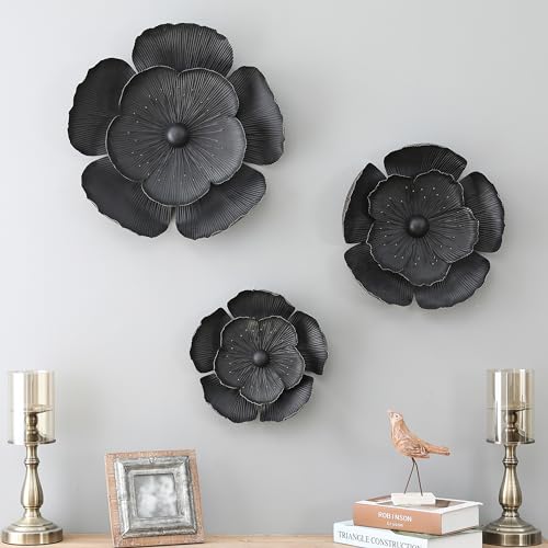 LuxenHome Handmade 3D Metal Flowers Wall Decor Metal Wall Hanging Sculptures Home Decor Floral Art Dark Gray with Gold Flower Decoration for Home Office Decor (Set of 3) - Image 5