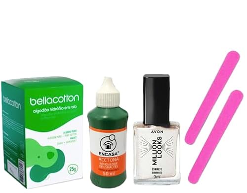 Kit manicure: Algodao (25g) + acetona (50ml) + 2 lixas de unha mini + esmalte Million Looks Diamante