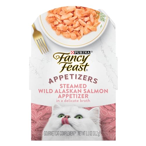 Purina Fancy Feast Appetizers Alaskan Salmon Food Topper, 10 Ct, 1.1 oz | Grain free lickable, flaked wild-caught fish complement in a delicate broth, served in a convenient peel-and-serve tray - image 1