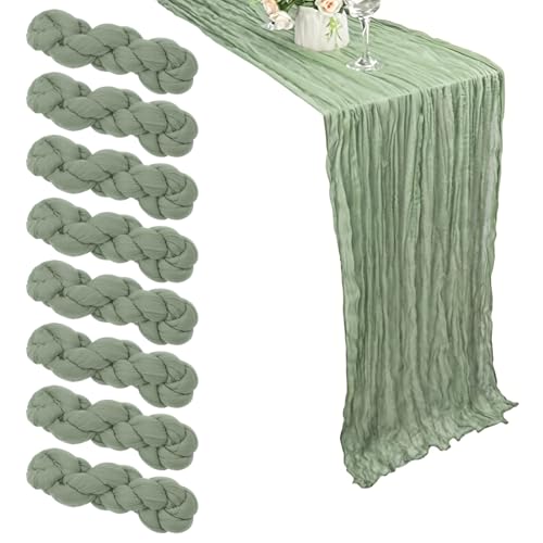 8 Stück Tischläufer Salbeigrün Boho Deko, 55 x 300cm Musselin Seihtuch,Langen Halbschuhen rustikaler Boho-Tischläufer für Hochzeit, Brautdusche, Party, Bankettdekoration