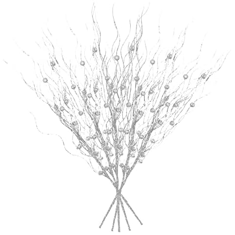 Ercheng 12 Pcs Glitter Curly Ting Branches,43cm Silver Curly Stems Vase Filled,Artificial Twisted Willow Twigs Bunch for Centerpiece,Silver Cover