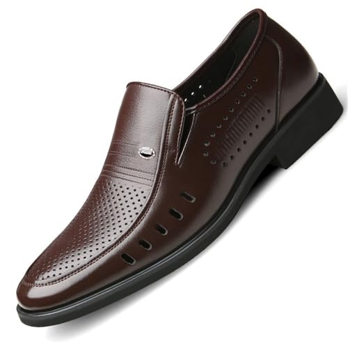 Men’s Large Size Slip-on Leather Shoes Summer Hollow Casual Shoes Small Size Comfortable Dad Shoes(Brown,11.5)