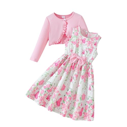 M9ppzzur7 Kids Girl Clothes Dress Set Floral Butterfly Print Bows Sleeveless Dress Sundress with Long Sleeve Cardigan (Pink, 7-8 Years)