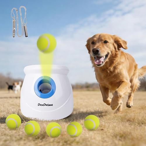 Pet Prime Groß Ballwurfmaschine Hund, Automatischer Ballwerfer für Große Hunde, Wiederaufladbar Ballschleuder 3 Wurfweite zwischen 3-12m, mit Pfeife & 6 Bälle Wurfspiel im Garten und Park (Max)