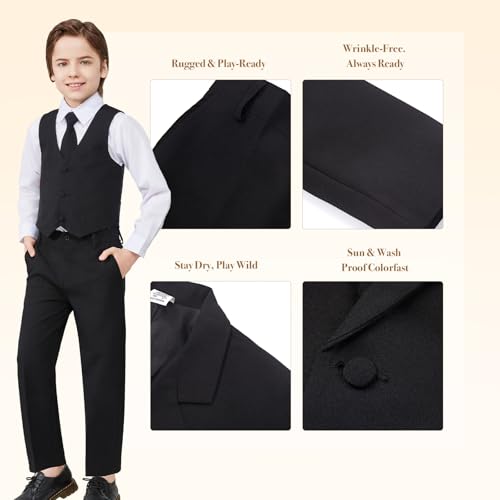 Luca Gabriel Toddler Boys' 5 Piece Classic Fit No Tail Formal Black Dress Suit Set with Tie and Vest - Size 14
