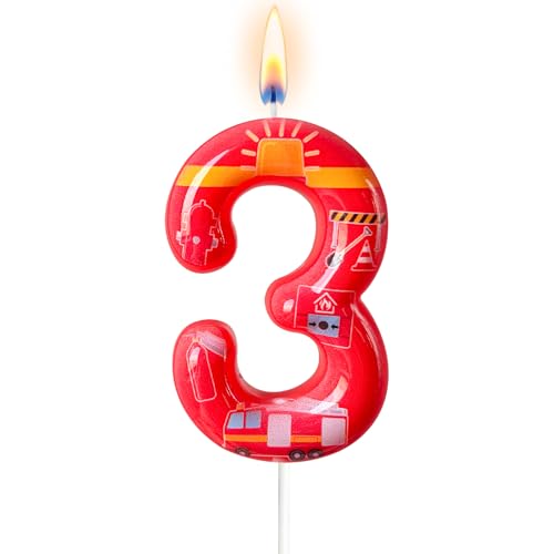 AEYSYU Fire Truck Birthday Candle Number 3 – Red Firefighter Cake Topper for Boy Birthday Cake, Fire Theme Party Decorations