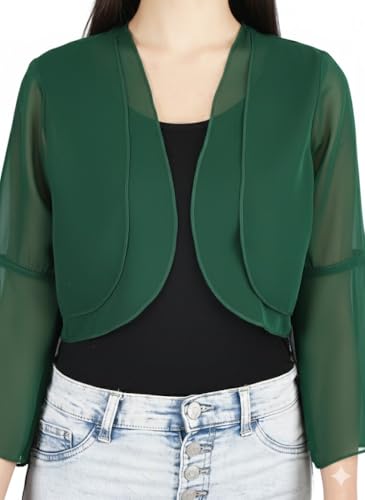 Image of AOL Women's Cropped Layered Lightweight Sheer Three-Fourth Bell Sleeves Georgette Open Neck Shrug Bolero