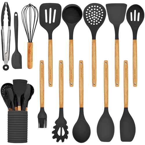 Home Hero Silicone Kitchen Utensil Set with Wood Handles - BPA-Free Nonstick Silicone Spatulas - Heat-Resistant Kitchen Tools - Includes Countertop Utensil Holder - 14-Piece, Black