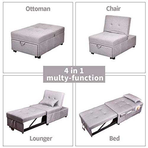 URRED Convertible Chair Sleeper Bed, Folding Ottoman Sleeper Guest Bed 4 in 1 Multi-Function Adjustable Linen Fabric Futon Chair with Lumbar Pillow Gray (Gray)