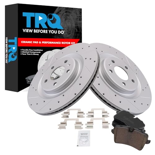 Image of TRQ Performance Rear Brake Pad and Rotor Set Ceramic Coated Drilled Slotted Rotors Compatible with 2014-2018 Audi A6 2012-2018 A6 Quattro 2012-2018 A7 Quattro 2013-2014 A8