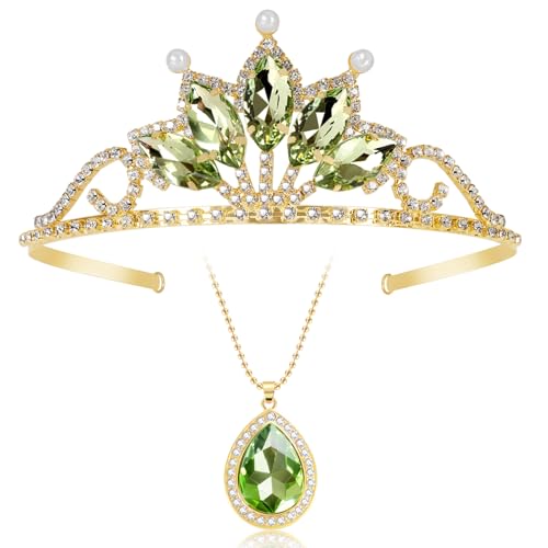 FRTTVM Princess Tiana Tiaras and Necklace for Women Green Princess Tiana Crown Birthday Halloween Party Princess Tiana Accessories