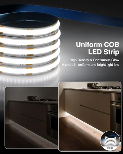 Image of Aclorol 6 FT USB LED Strip Lights for Bedroom 2 Pack Cold White 6000K | Dimmable Brightness, 5V COB LED Strip with Self-Adhesive, Flexible for Bedroom Kitchen Cabinet Mirror Staircase DIY Lighting