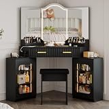ZKIODV Corner Vanity Desk with 3 Way Mirror & LED Lights, Makeup Table Set with Charging Station, Storage Drawers & Side Cabinets, Bedroom Dressing Table for Women & Girls Birthday Gift - Matte Black