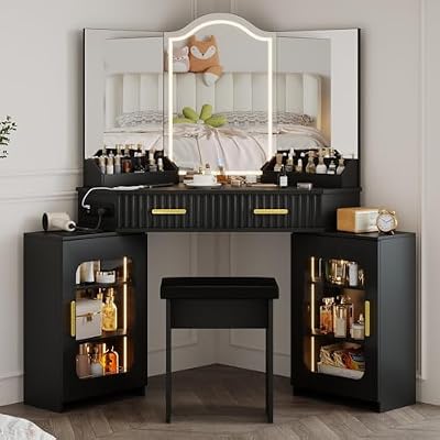 ZKIODV Corner Vanity Desk with 3 Way Mirror & LED Lights, Makeup Table Set with Charging Station, Storage Drawers & Side Cabinets, Bedroom Dressing Table for Women & Girls Birthday Gift - Matte Black