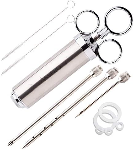 Meat Injector Kit Stainless Steel Food Syringe & 3 Marinades Needles for BBQ Grill Professional Smoker Seasoning Culinary Barbecue Syringe & Meat injectors for Smoking