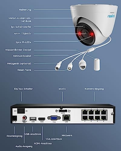 Reolink 12MP PoE Überwachungskamera Set Aussen, 8-Kanal NVR mit 2TB HDD für 24/7 Aufzeichnung und 4X Dome IP Kameras mit Personen-/Fahrzeugerkennung, 2-Wege-Audio, Spotlights, RLK8-1200D4-A