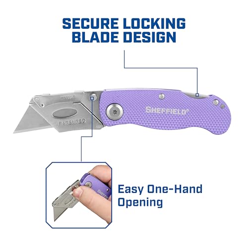 Image of Sheffield 12346 Lock Back Utility Knife 4 Pack with 10 Utility Knife Blades | Box Cutter with Aluminum Texture Grip Handle, Features Pocket Clip, Patented Quick Change Utility Blade Mechanism