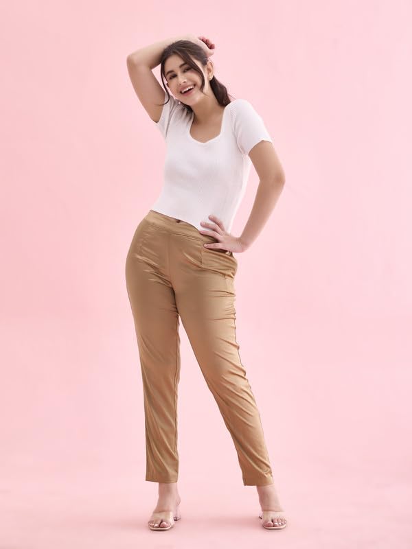 Image of GO COLORS Women Mid Rise Polyester Shiny Pant
