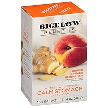 Bigelow Tea Benefits Calm Stomach Ginger Peach Herbal Tea, Caffeine Free, 18 Count Pack of 6, 108 Total Tea Bags