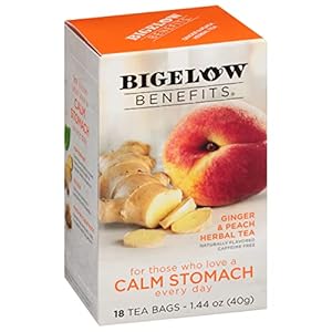 Bigelow Tea Benefits Calm Stomach Ginger Peach Herbal Tea, Caffeine Free, 18 Count (Pack of 6), 108 Total Tea Bags