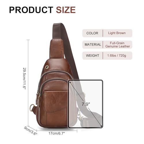 Full-Grain Leather Crossbody Bags for Men Women, Vintage Genuine Leather Sling Bag, Trendy Casual Chest Bag, Light Brown3