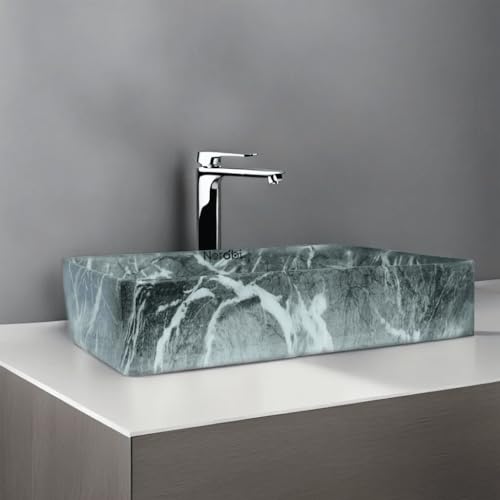 Image of Wash Basin Countertop | Tabletop Ceramic Bathroom Sink | Wash Basin Over Counter | (24 x 14 x 5 Inch) (Marble Grey White)