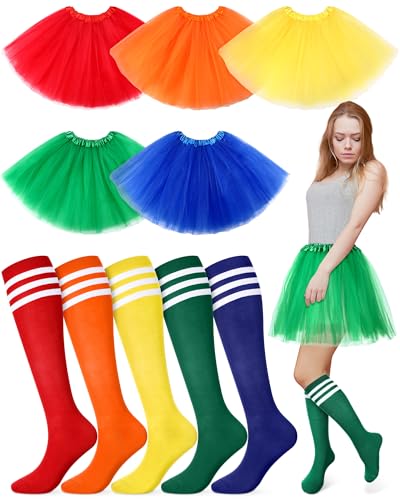 Maiteenly 10 Pcs Adult Tutu Skirt for Women and Striped Knee Tube Socks Runners Dance Colored Funny Group Carnival Costumes