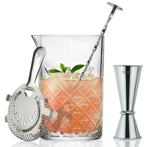 FLOW Barware Glass 4Piece Cocktail Mixing Set, Silver, 700 ml Mixing Glass, Hawthorne Strainer, Japanese Drinks Jigger & Mixing Spoon