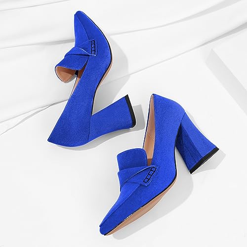 Esvowido Women's High Heel Loafers Block Chunky Heels Slip on Pumps Closed Pointed Toe Comfortable Dress Shoes for Work Office 3.5 Inch4