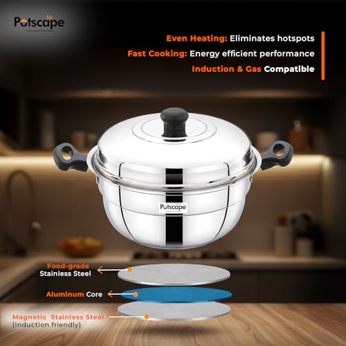 Potscape Maxx Idlipot - Multi Idli Pot Stainless Steel - Compatible with Gas & Induction - Includes Dhokla Maker with Steamer, 2 Idli Plates, 1 Mini Idli Plate – Momo Idiyaapam Maker