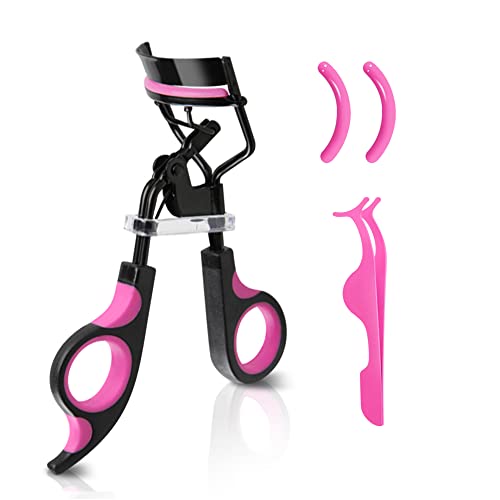 Pinkiou Eyelash Curler with 2 Refill Pads & False Eyelash Aid Fit All Eye Shape Curved Lash Curler, No Pulling and Last Long